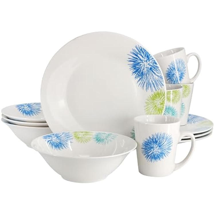 Gibson Home Blue Meadow 12 Piece Fine Ceramic Dinnerware Set in White with Colored Accents