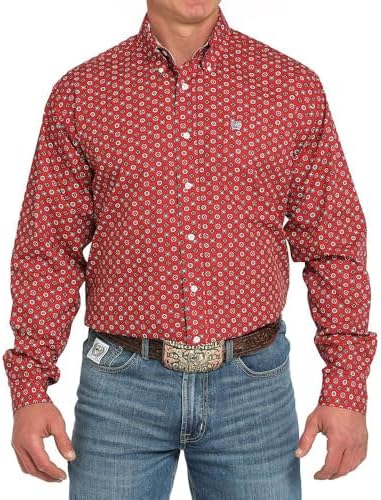 Cinch Mens Red Print Long Sleeve Button Shirt
