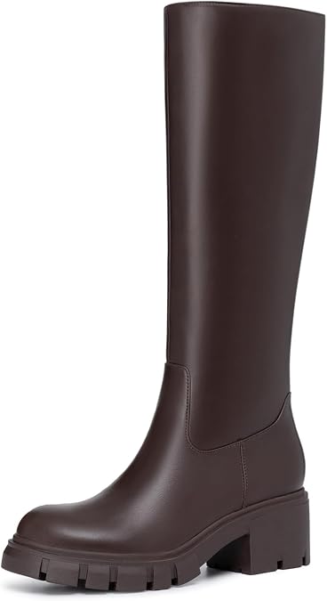 Athlefit Platform Knee High Boots for Women Round Toe Chunky Lug Sole Fall Winter Tall Boots for Office Work Walking