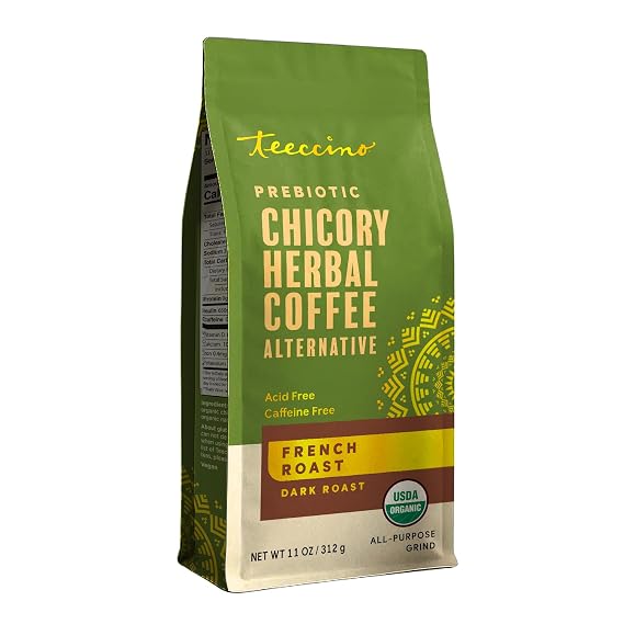 Teeccino French Roast Chicory Coffee Alternative, 11 Ounce: Ground Herbal Coffee Thats Prebiotic, Caffeine-Free & Acid-Free, Dark Roast, with Carob and Chicory, No artificial flavors