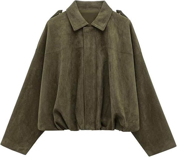 WOWULOVELY Women's Faux Suede Bomber Jacket Lapel Pilot Motorcycle Coat Spring Long Sleeves Trendy Streetwear Outerwear