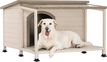 Petsfit Big Dog House, 43.5" L x 41" W x 28" H PVC Asphalt Roof Dogs House for Large Dogs, Weatherproof Large Dog Houses with Extra-Large Terrace