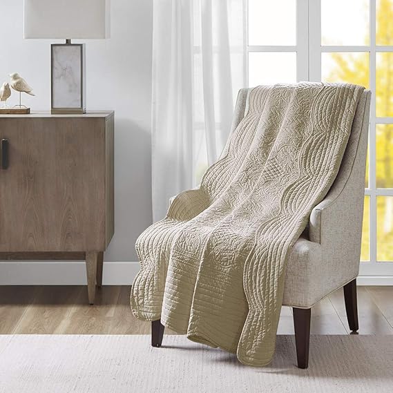 Madison Park Luxe Quilted Throw Blanket - Damask Stitching Design, Cotton Filled Spread, Ultra Soft, Cozy Bedding for Living Room Couch, Sofa, Bed, 60x72", Scalloped Borders Khaki