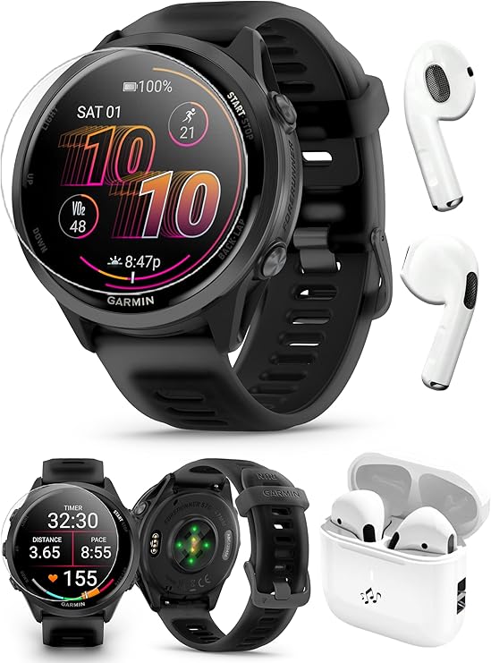 PlayBetter Garmin Forerunner 570 (47mm, Slate Gray/Translucent Black) Advanced GPS Running and Triathlon Smartwatch Bundle HD Screen Protectors & Wireless Earbuds