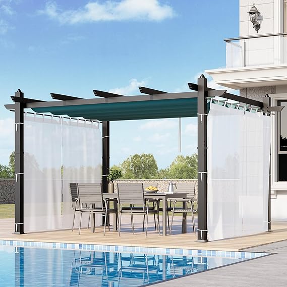 10x13 Ft Retractable Outdoor Pergola with Canopy and Side Mesh, Upgraded Gray Aluminum Pergola, Modern Pavilion for Backyard, Patio, Porch, Grape Trellis, Blue+White