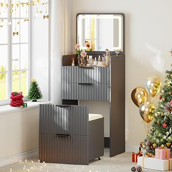 Gurexl Fluted Small Vanity Desk with Mirror and Lights, 3-in-1 Compact Makeup Vanity Set with Hidden Storage Stool, Mini Dressing Table with 3 Drawers, Gift for Little Girls/Kids (Grey)