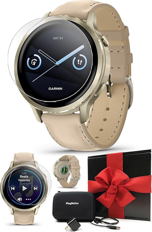 PlayBetter Garmin Venu 4 (Lunar Gold/Light Sand Leather, 41mm) Fitness GPS Smartwatch Gift Box Bundle - AMOLED, Built-in Flashlight, Long Battery Life Screen Protectors, Wall Adapter & Case