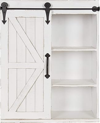 Kate and Laurel Cates Modern Farmhouse Decorative Wood Wall Storage Shelving Cabinet with Sliding Barn Door, Rustic White