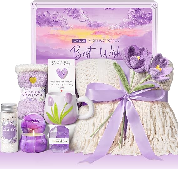 Birthday Gifts for Women Self Care Set Get Well Soon Gift Baskets, Relaxing Lavender Spa Gift Basket Care Package for Women, Unique Easter Gifts for Mom Her Girlfriend Sister Best Friends Wife